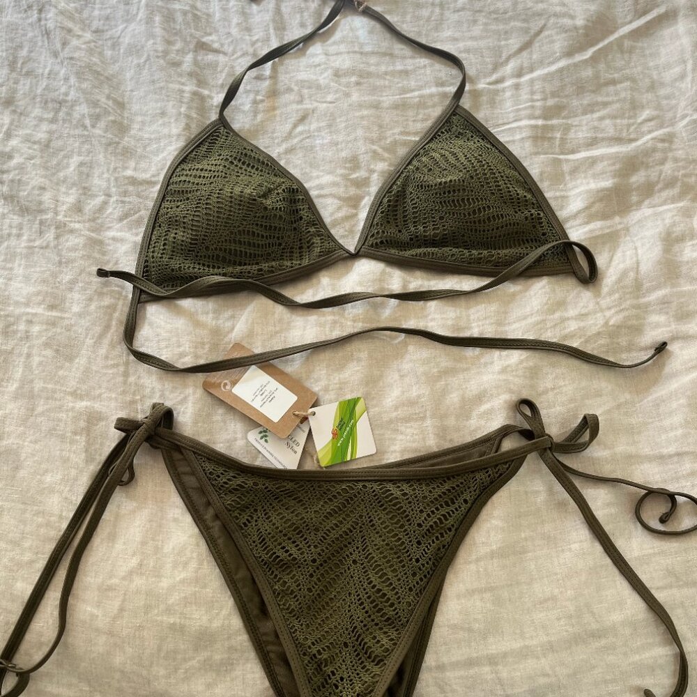 BERLOOK: Army Green Crochet Bikini Set, Halter Triangle Top & Tie Bottom